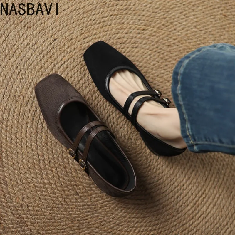 NASBAVI 2026 Fashion Women's Square Toe Double-breasted One-line Buckle Shallow Mouth Comfortable Low Heel Mary Jane Shoes
