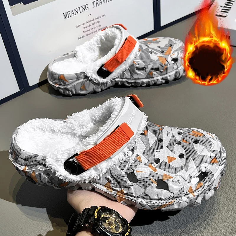 

Men's Autumn and Winter Outdoor Wear Fleece-Lined Thickened Warm Closed-Toe Cotton Slippers Home Cotton Shoes