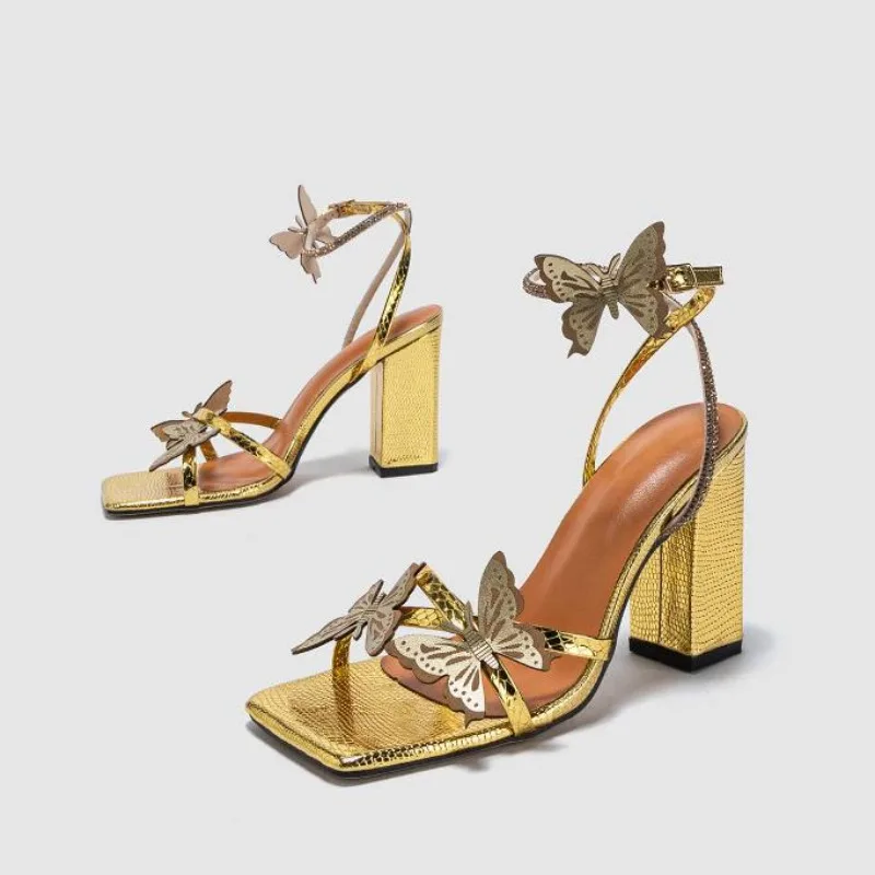 Sexy Women Heeled Sandals Butterfly Square Toe Buckle Cross Strap Thick High Heels Nightclub Party Shoes Chaussures Femme