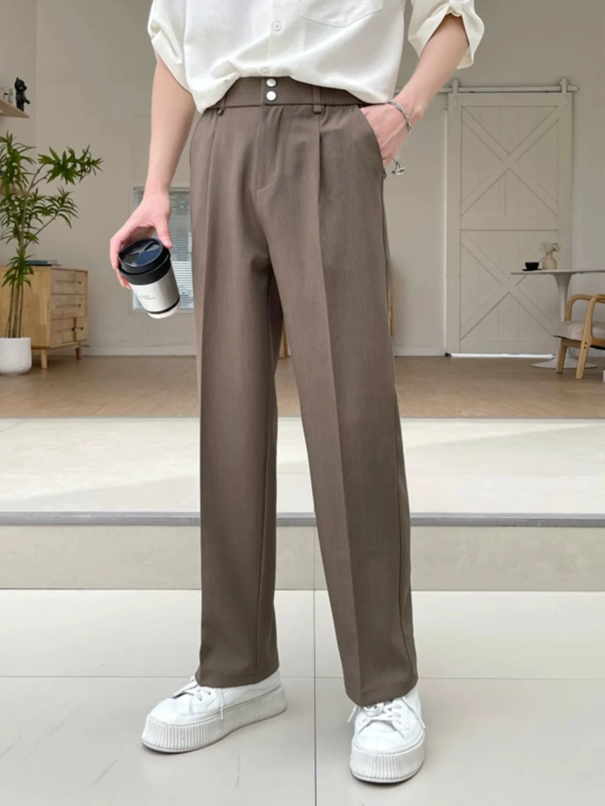 

Повседневные мужские свободные прямые брюки, тонкие летние длинные брюки, не требующие глажки, модные молодежные брюки из смеси полиэстера и хлопка