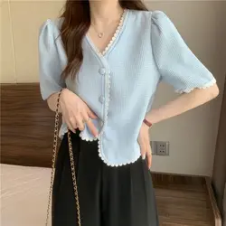 Temperament Patchwork Lace Shirt Tops Summer New Short Sleeve V Neck Solid Color Short T Shirts Sweet Fashion Women Clothing