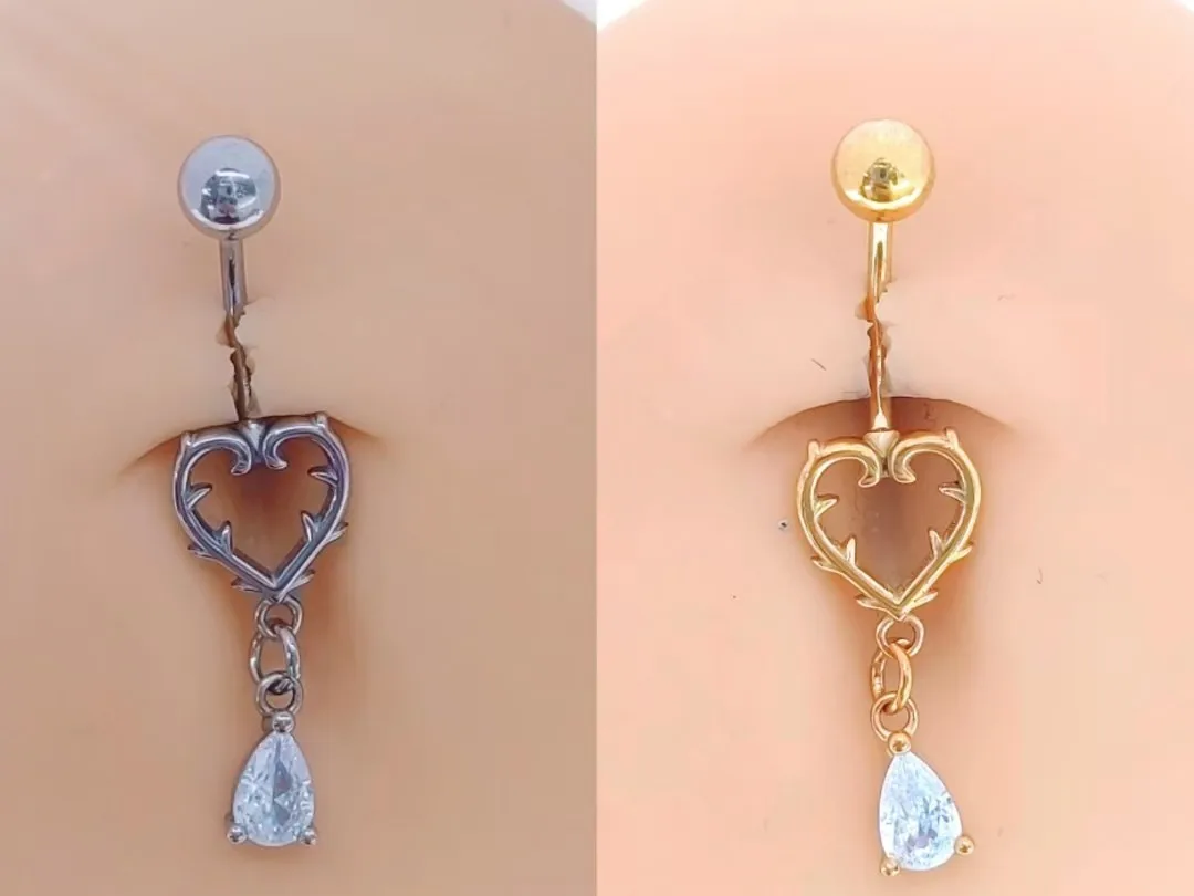 

10PCS All Stainless Steel Heart Drop Water CZ Navel Belly Ring Button Bar New Navel Rings Body Piercing Jewelry 14G