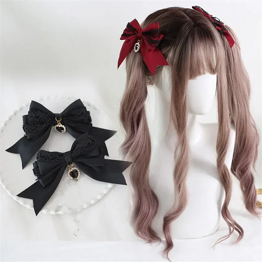 1 Pair Lolita  Bowknot Hair Clip Women Lace Gothic Heart Bow Cosplay  Lolita Mori Girl Double Tails Hairpin Anime Accessories