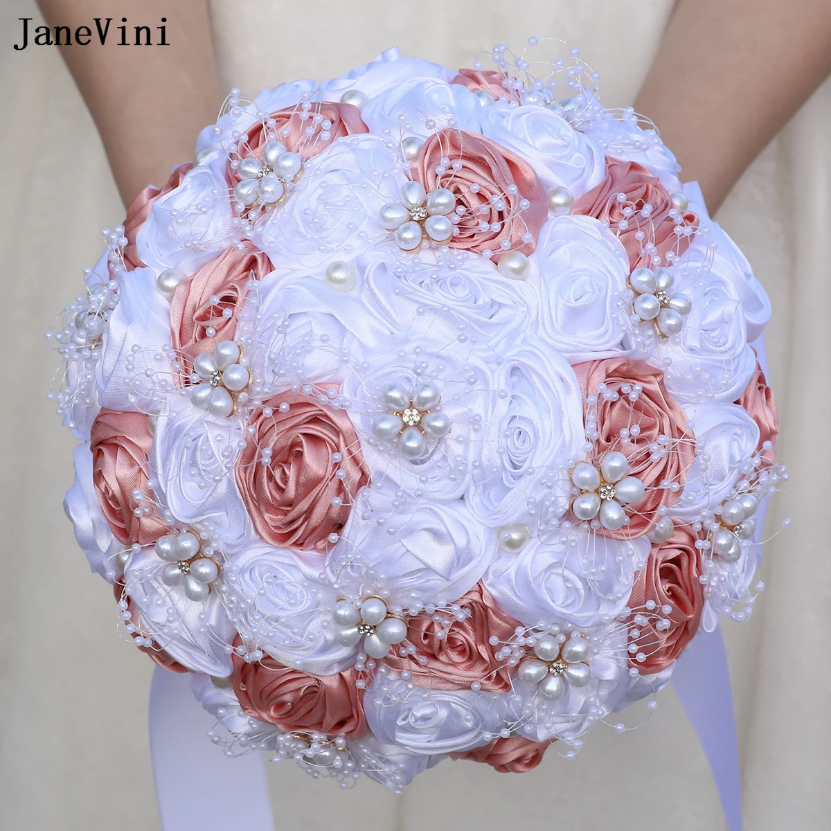 

JaneVini Customized Korean Bridal Bouquets with Pearls Artificial Dusty Pink White Satin Roses Wedding Bouquet Flowers for Bride