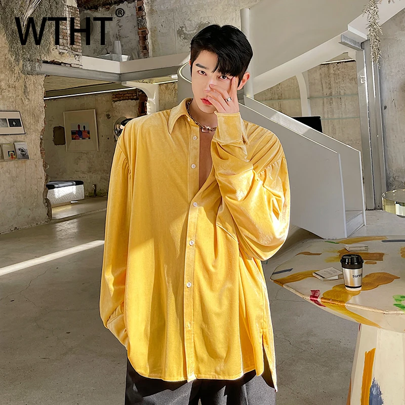 

WTHT Fashion Men’s Pockets Turn Down Collar Solid Color Shirts Trendy Long Sleeves Single-breasted Tops Male 2025 Autumn 2A1422