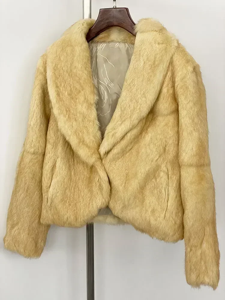 

Модное зимнее женское пальто 2024, двусторонняя шерстяная куртка из натурального кроличьего меха с v-образным вырезом, толстая теплая повседневная новая верхняя одежда