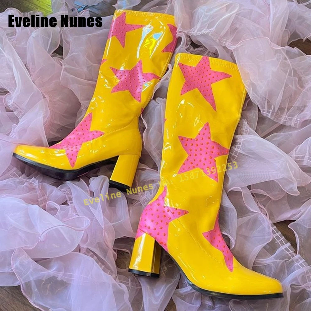 

Pink Star Print Fashion Boots Round Toe Chunky Heels Zipper Closure Patchwork Women Knee High Boots 2025 Street Style Trend New