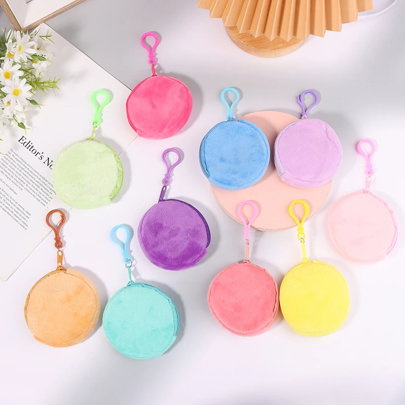 Solid Color Round Zipper Plush Coin Bags Small Money Coin Pouch Wallet Portable Keyring Keychain Earphone Storage Bags Organizer