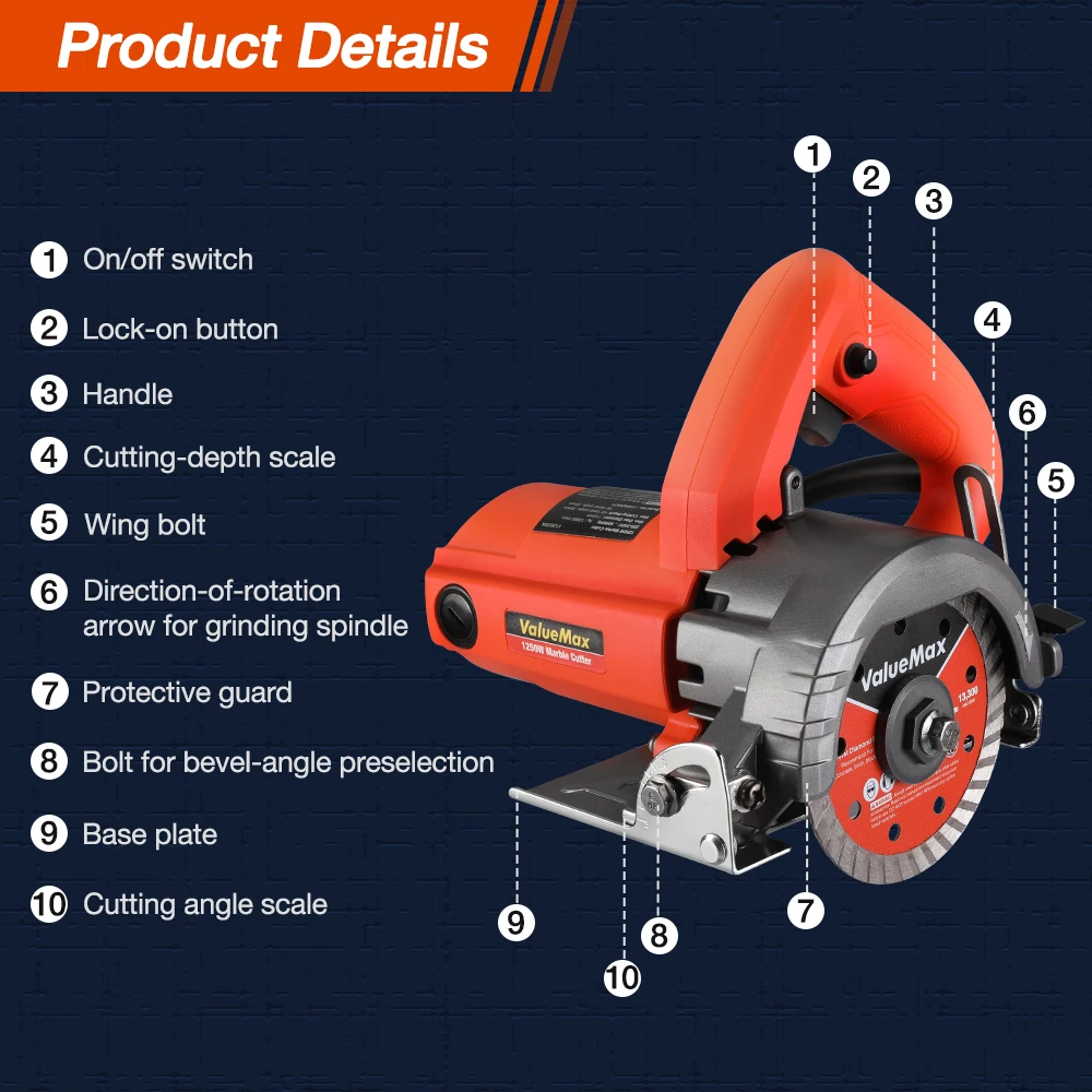 ValueMax Electric Tile Cutter 1250W Professional Ceramic Marble Cutting Machine Brick Circular Saw Power Tools With 2 Saw Blades