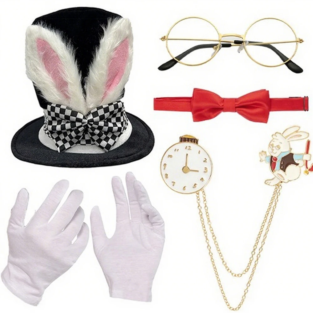 

Halloween Plush Rabbit Ear Top Hat Set Easter Magician Dress Up Costume Props High Hat Gloves Stage Performance Accessory Outfit