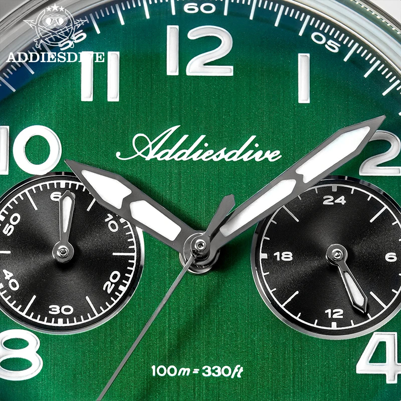 Addiesdive موضة رجل كوارتز ساعة كرونوغراف سوبر مضيئة مقاوم للماء 100 متر ساعة اليد 38 مللي متر فقاعة الزجاج المطاط حزام الساعات #4