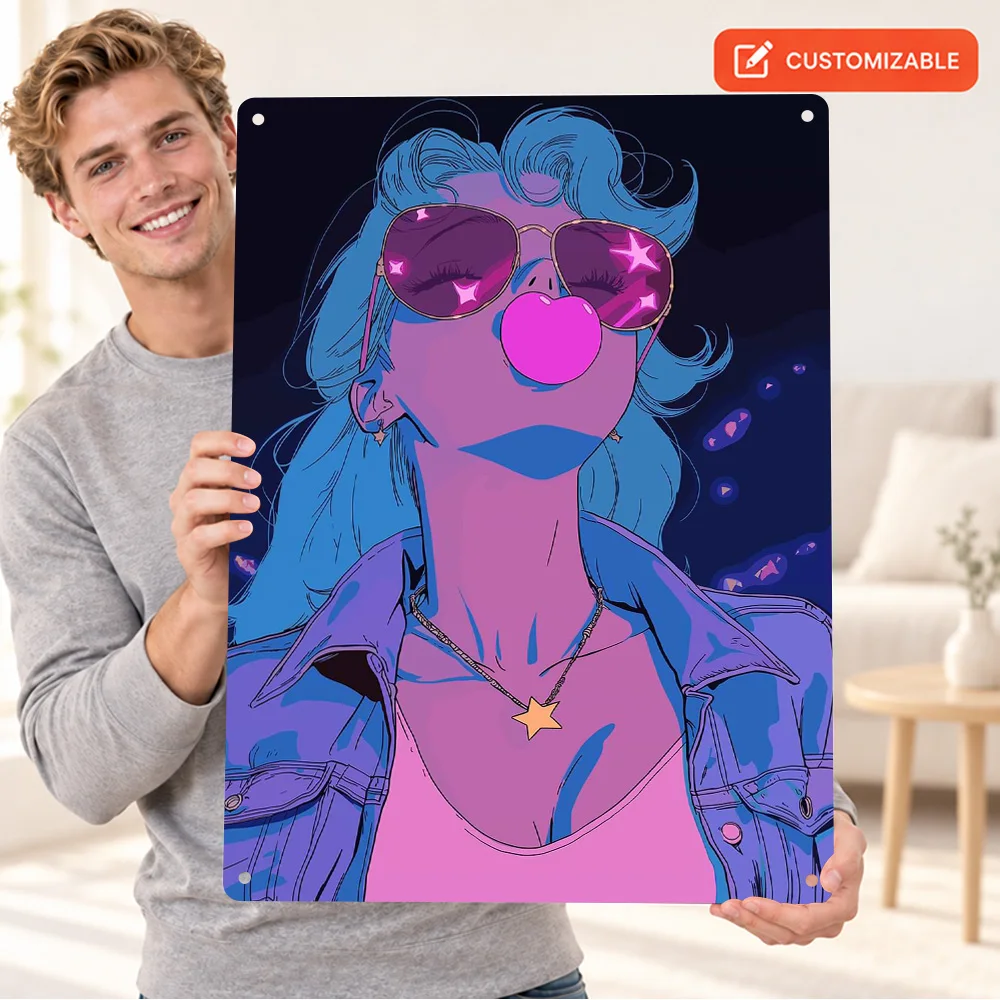 Woman With Sunglasses Printed Poster Personalized Aluminum Metal Sign Retro Minimalist Vector Illustration Wall Art For Lounge