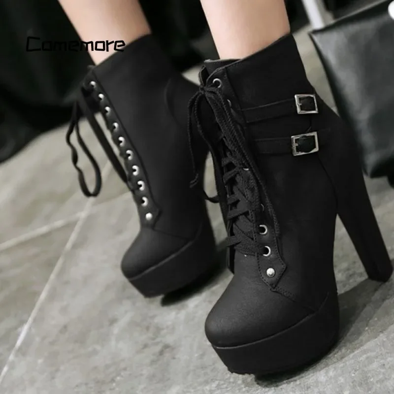 Comemore Autumn Winter Ankle Boots Shoes Women's Short Boot Female Lace Up Chunky Platform High Heel 12cm 2023 New Big Size 43