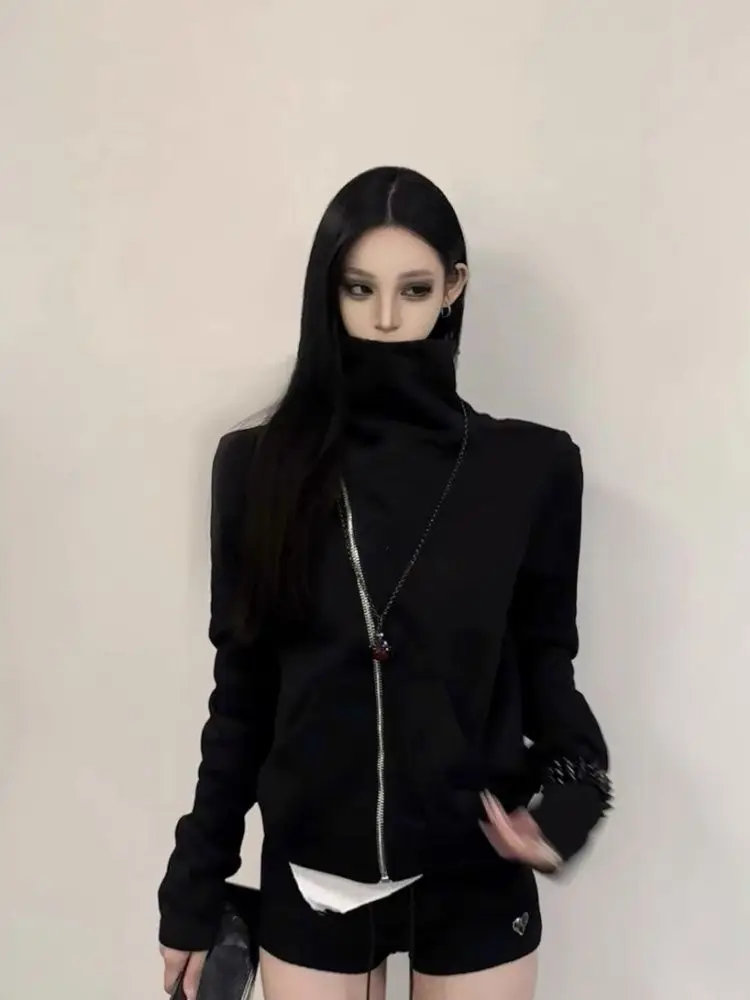 American Vintage Long Sleeve Short Jacket Women Casual Bodycon Asymmetric Zipper Turtleneck Solid Color Streetwear Y2k Retro