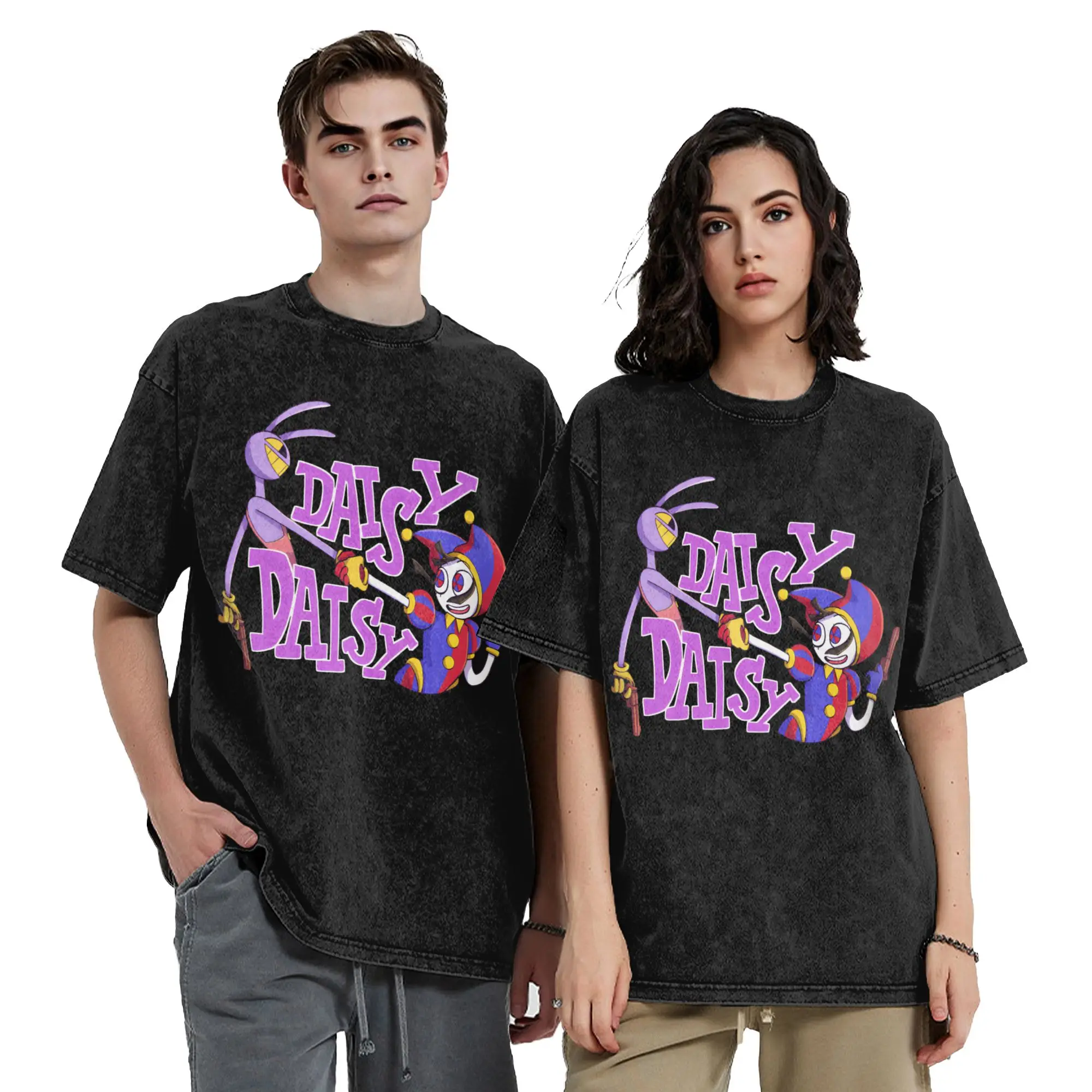 Daisy Daisy Cartoon Digitals Circus Washed T Shirt Streetwear T-Shirt Tee Shirt for Men Women 100% Cotton Graphic Printed