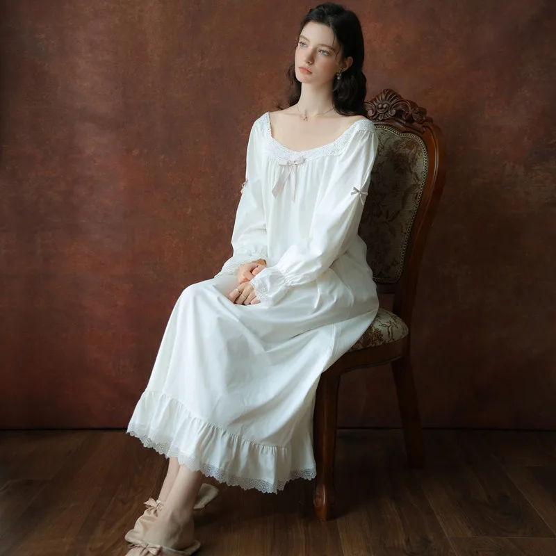 

Sweet Long-Sleeved Cotton Pajamas for Spring and Autumn Loose-Fitting Court Princess Style Nightgowns
