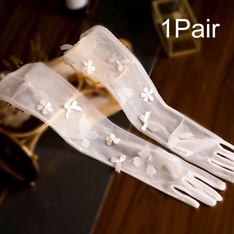 White Lace Pearl Fishnet Gloves Exquisite Butterfly Flower Ruffle Edge Mitten Bride Wedding Party Ceremony Clothes Accessories