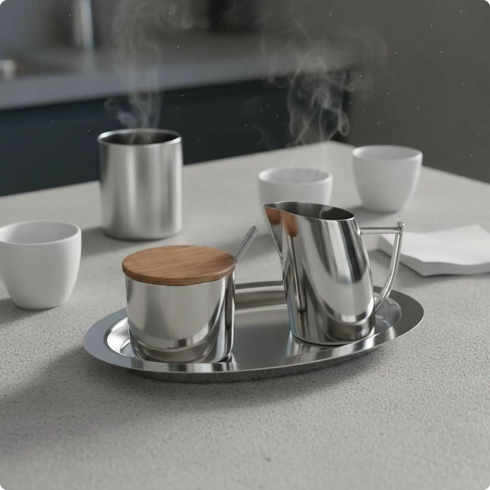 Stainless Sugar Container Mirror Finish Sugar Bowl and Creamer Set Serving Tray for Hotel Restaurant Tea Coffee