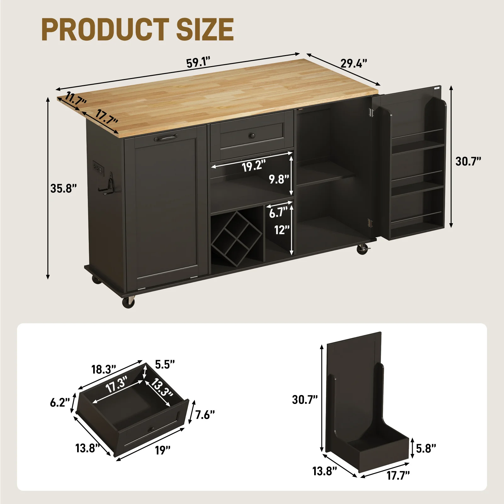 جزيرة مطبخ مقاس 59 بوصة على عجلات، عربة جزيرة مطبخ دوارة مع سطح طاولة من أوراق الشجر، جزيرة مطبخ متنقلة محمولة #6