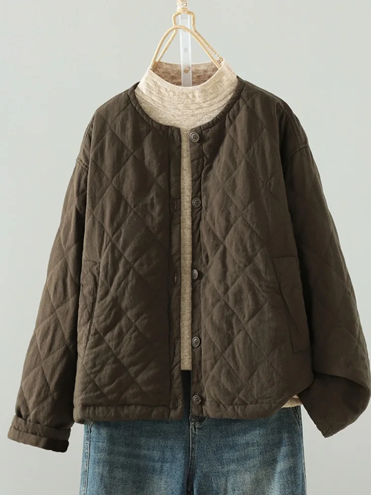 Retro Pure Color Diamond Pattern Cotton Jacket Women's Loose Large Size Thin Cotton Warm No Collar Cotton Top Coat