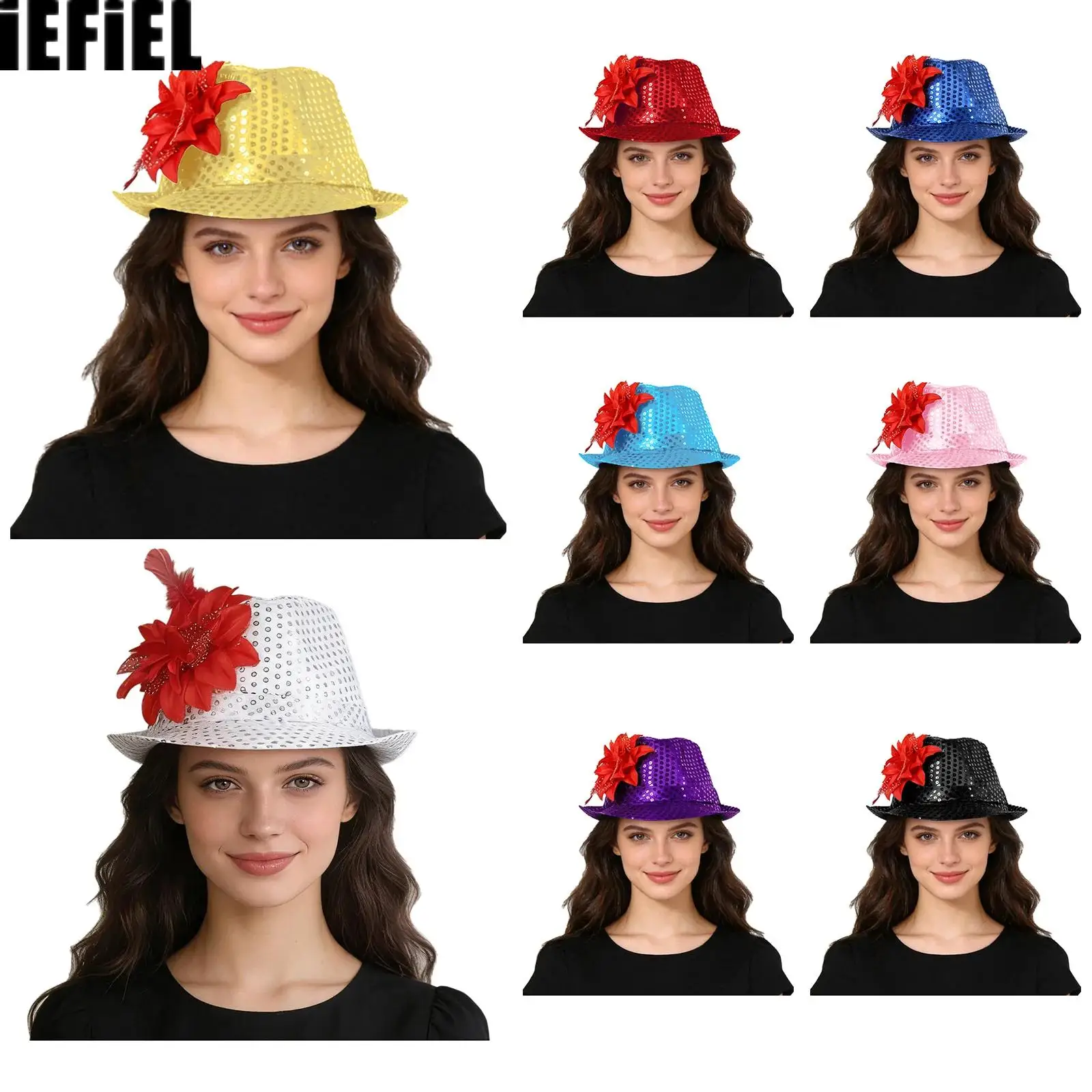 

1Pcs Sequins Fedora Hats Flower-decorated Stage Hat Unisex Costume Accessory for Mardi Gras Festive Events St. Patrick Day