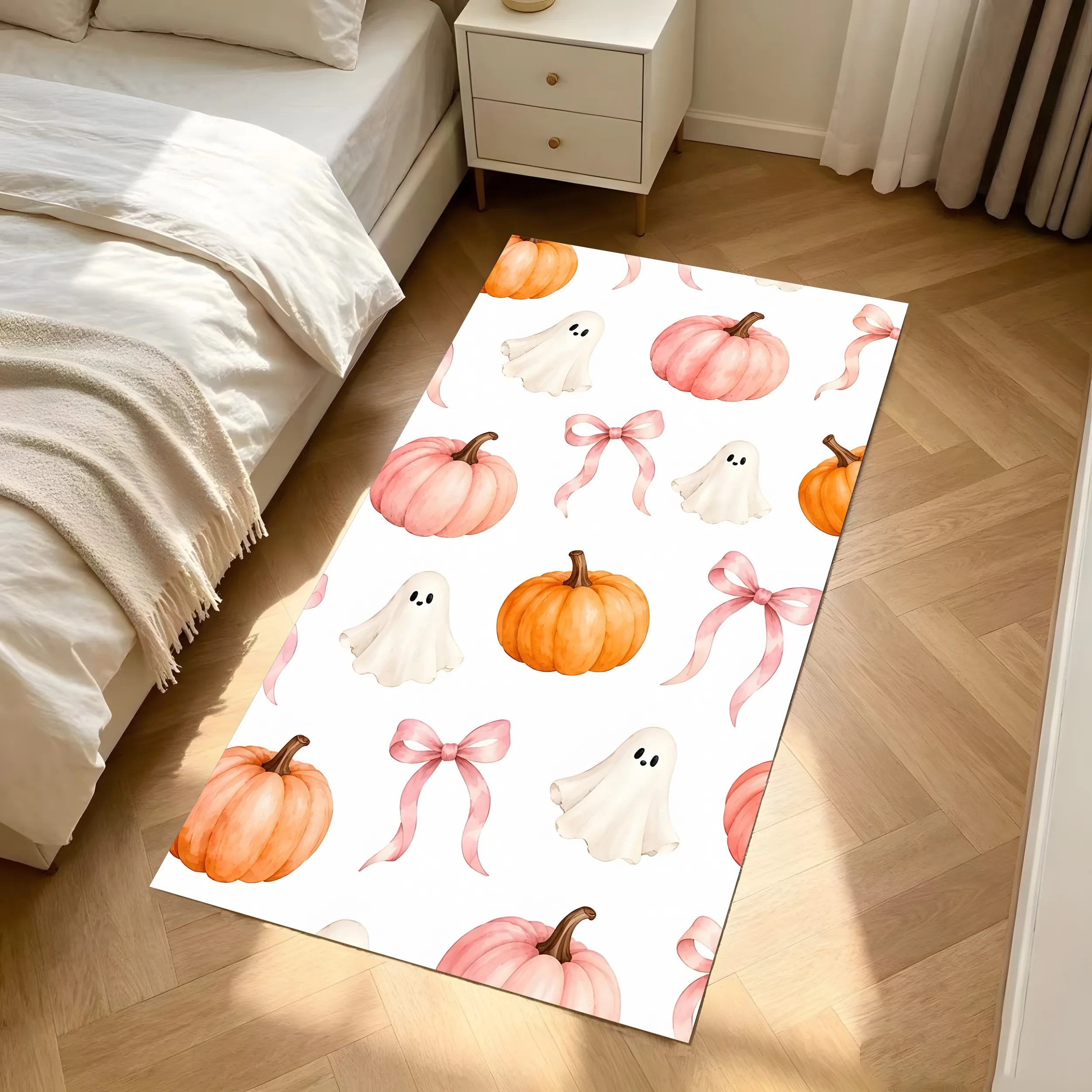 2D Large Carpet Pumpkin Ghost Bow Pattern Watercolor Sweet Style Soft Healing Visuals Halloween Warm Playful Festive Atmosphere