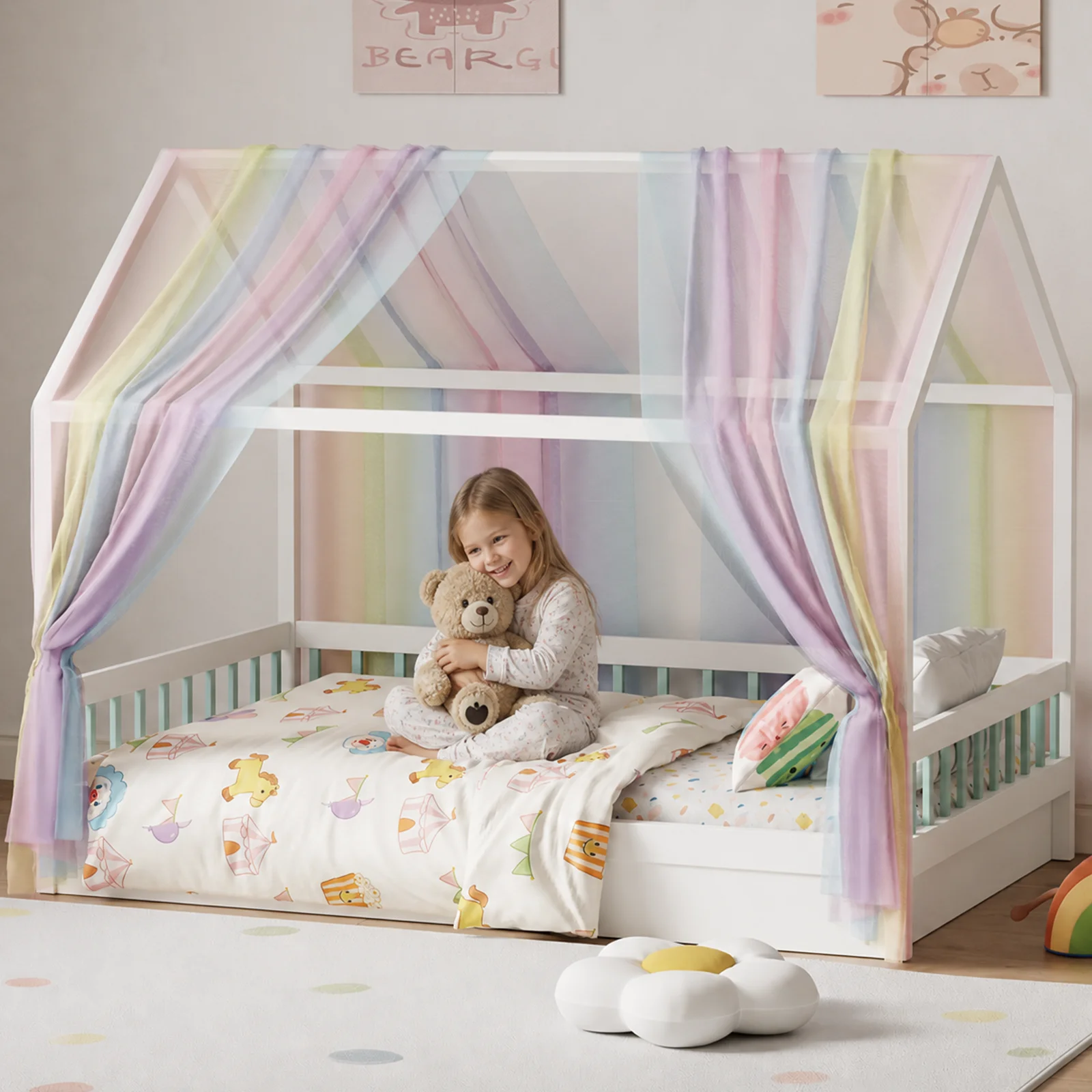Rainbow Gradient Tulle Bed Canopy Curtain 1/2Pcs Soft Muslin Mesh Bed Curtain for Kids House Bed Children Bedroom Decor