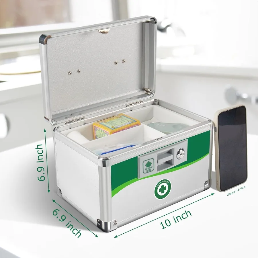 Caja de bloqueo de medicamentos Caja de almacenamiento de medicamentos segura de primeros auxilios Caja con cerradura de medicina diaria de aluminio en capas con llave 10 x 6,88 x 6,88