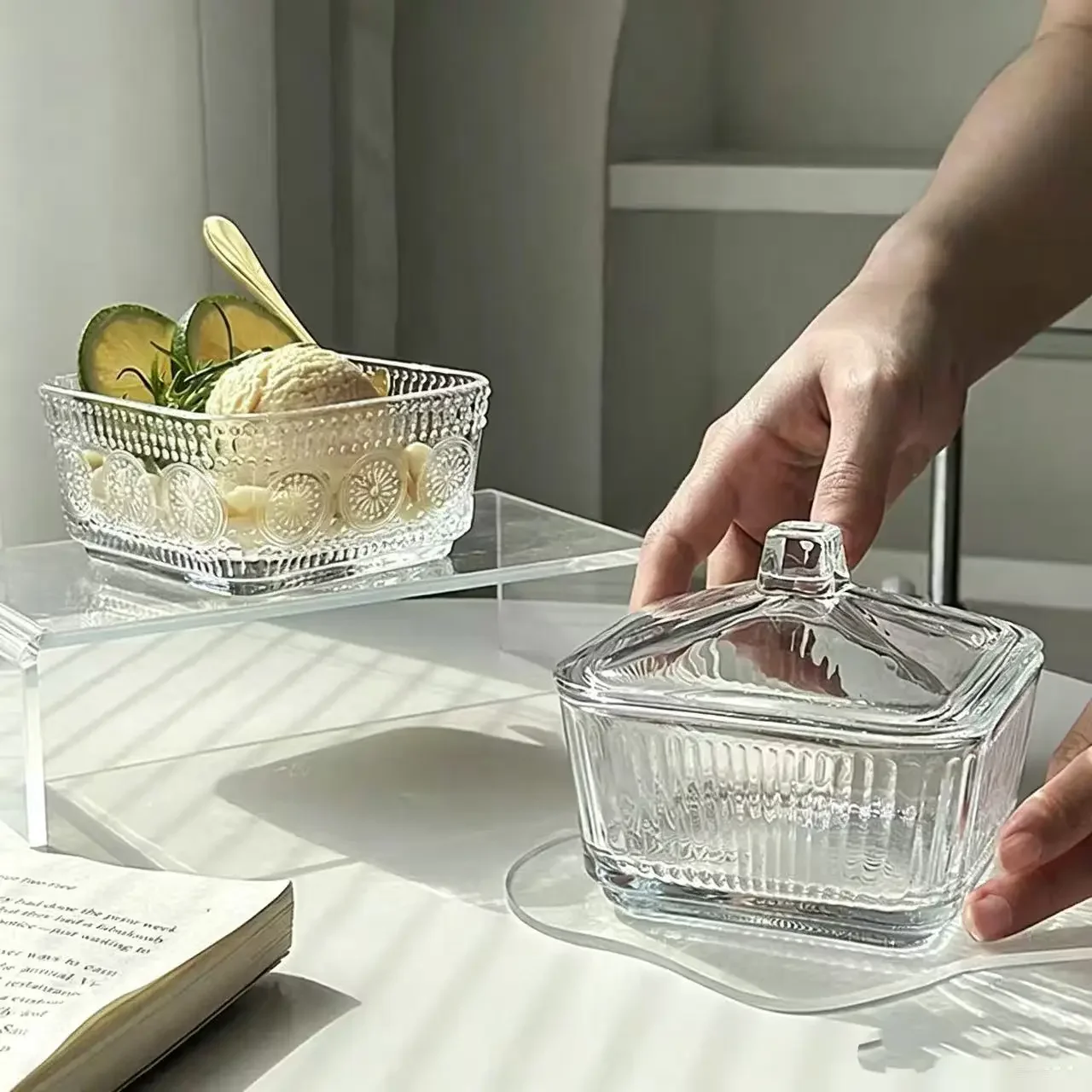 Crystal Glass Bowl Square Small Bowl with Lid Snack Fruit Dry Fruit Dish Candy Jar Storage Box Container Square Shape Everyda...