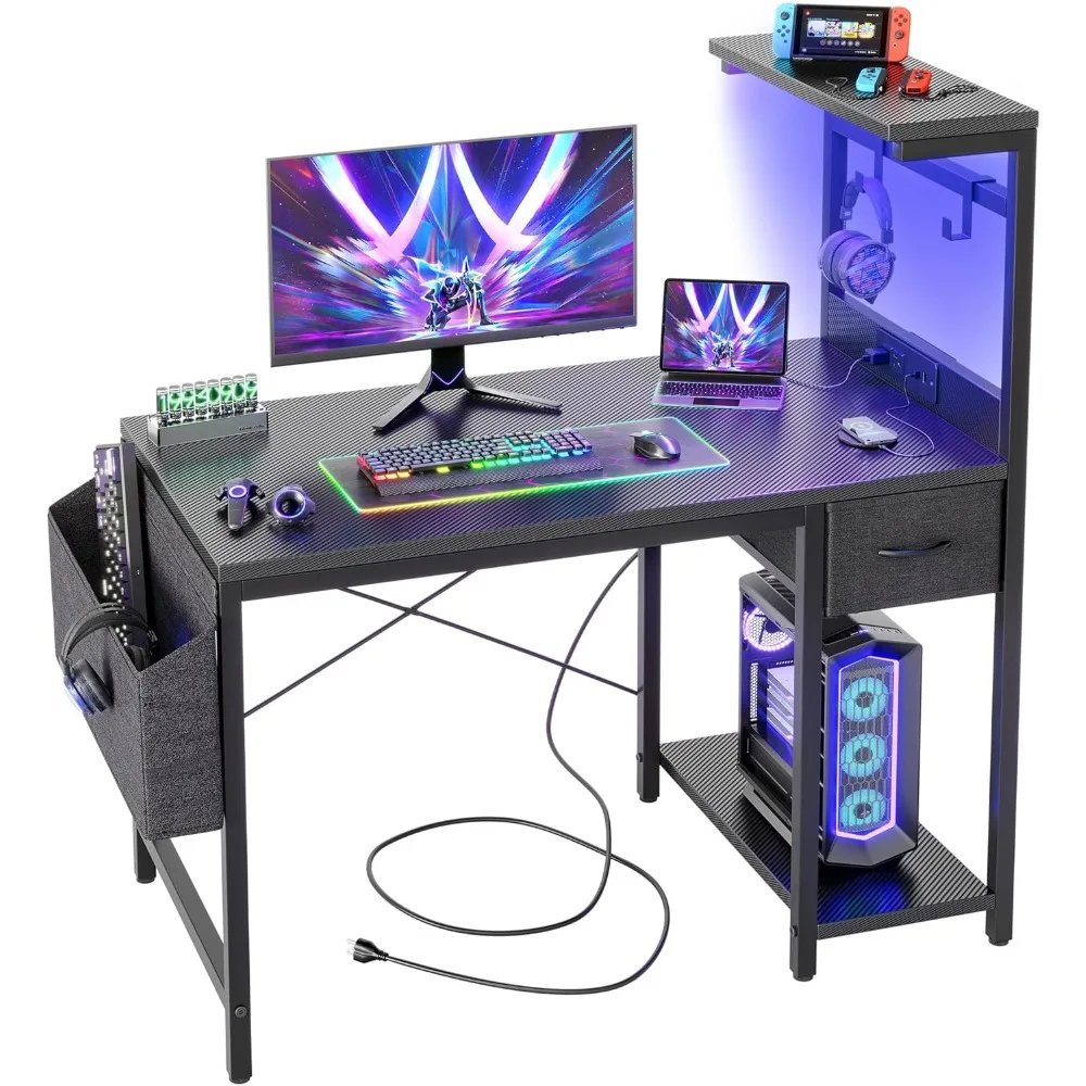 Gaming Desk 40 inch with Power Outlet and LED Light, Computer Desk with Reversible Shelves and Storage