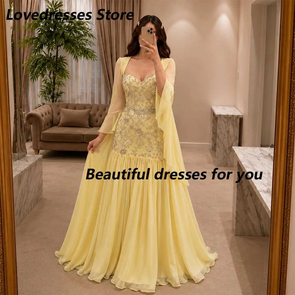 Gelbes Chiffon-Abendkleid, maßgeschneidert, herzförmiger Ausschnitt, lange Ärmel, Perlen, A-Linie, formelles Partykleid, elegantes Kleid für Hochzeitsgäste