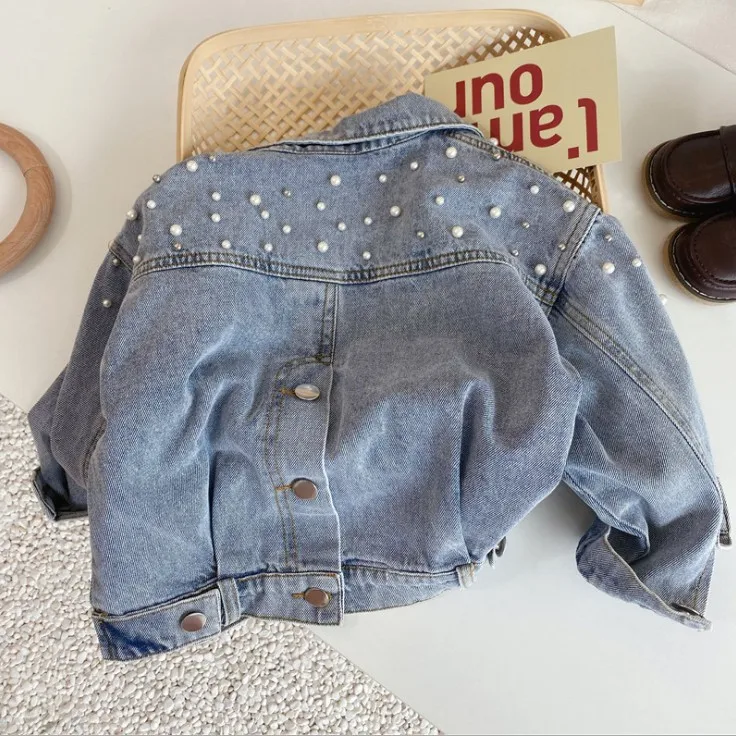 

Korean children's clothing fashion girls' outerwear Spring and Autumn new product Pearl children's denim jacket Western style to