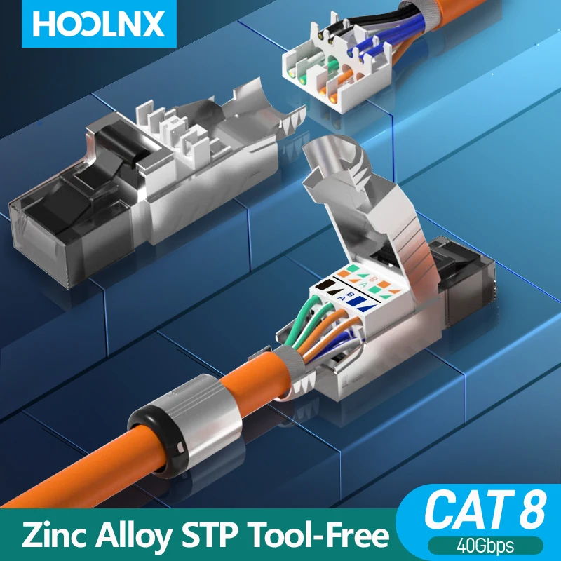 

Разъем HOOLNX CAT8 RJ45, металлический модульный разъем RJ45 без инструментов, простой клемм, для экранированного S/FTP 40 Гбит/с, 22AWG-24AWG