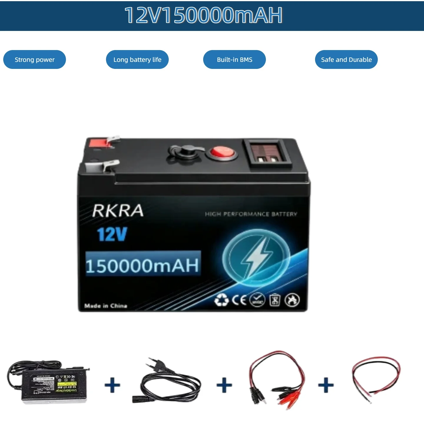 RKRA12V 150Ah 21700 Lithium Battery Rechargeable Battery Pack With BMS Protection USB Output For Solar Monitoring Fishing Light