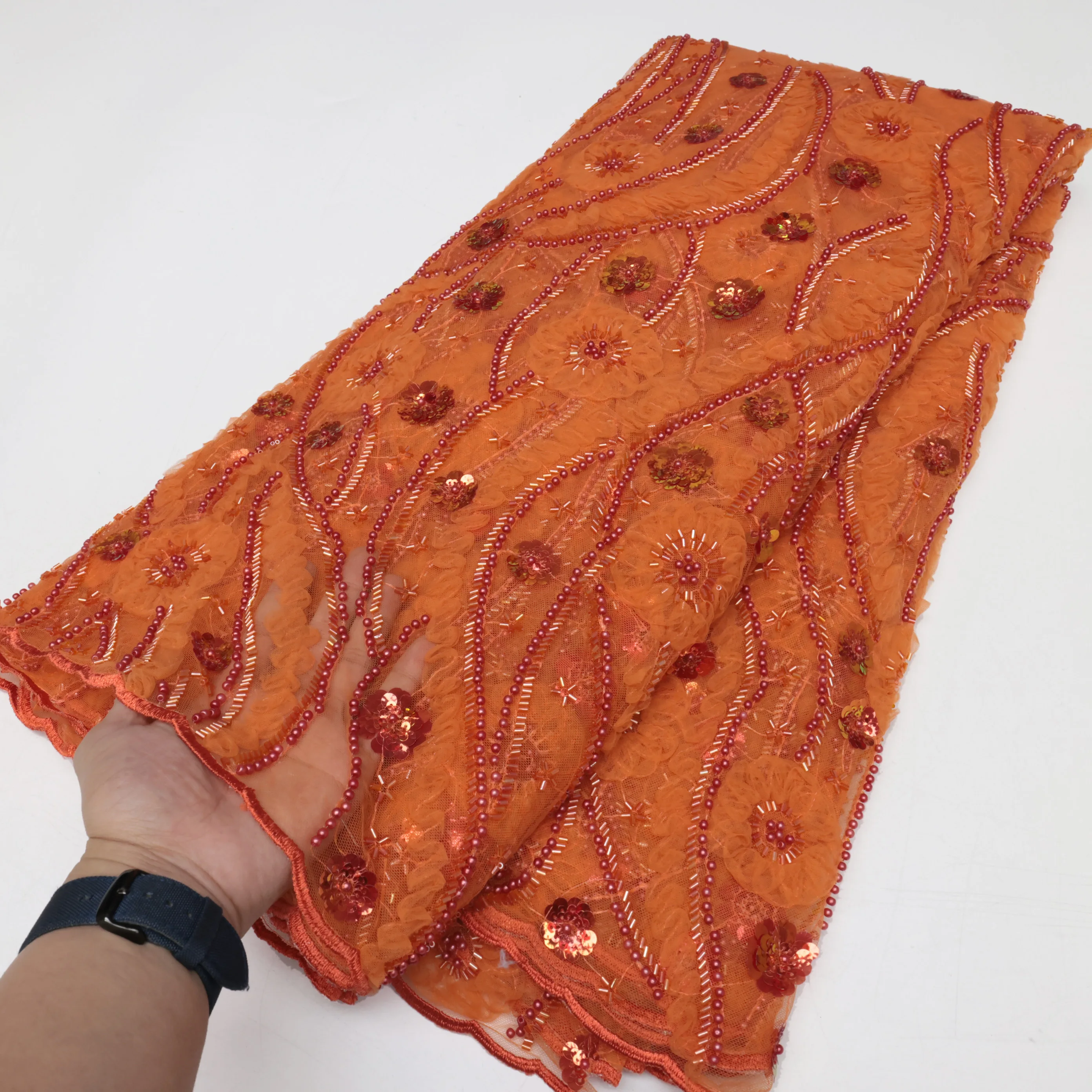 African French Sequined Beaded Lace Fabric 2024 High Quality Orange Nigerian Embroidered Fabric Dress Material For Party Sewing