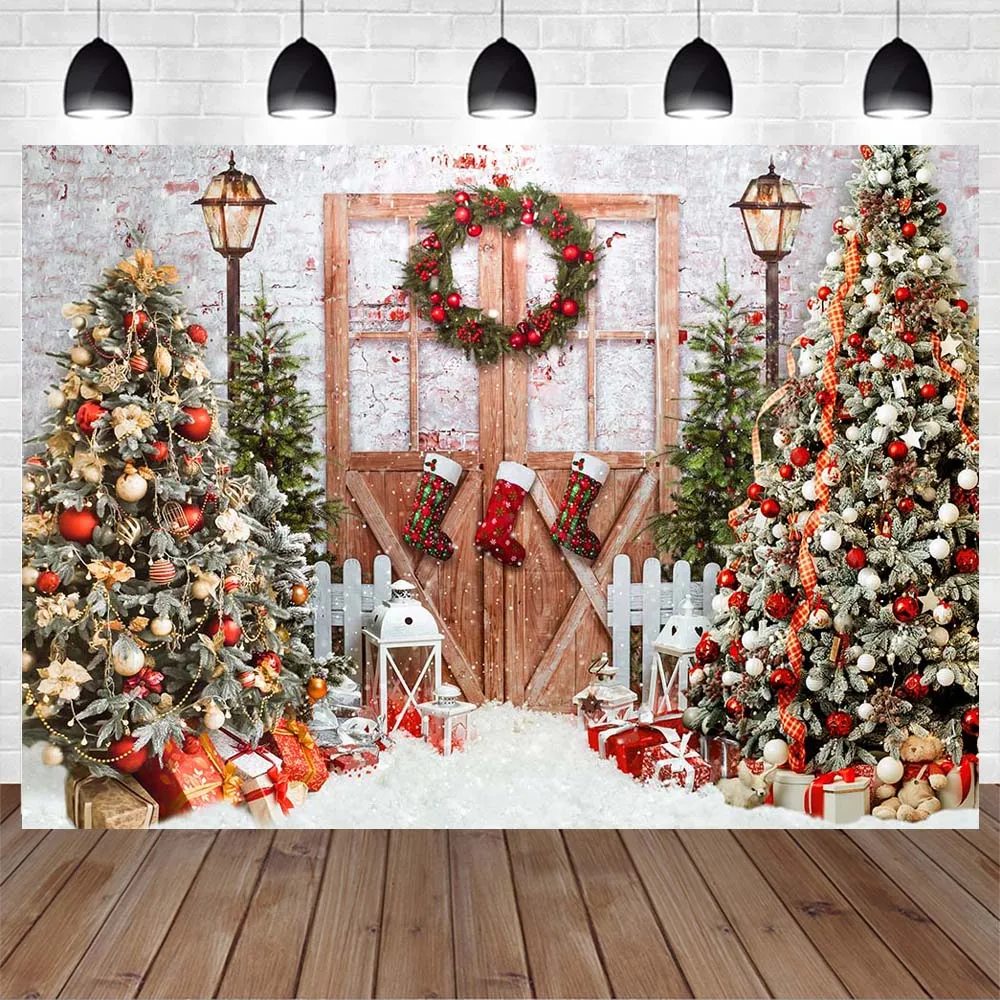 

Mocsicka Christmas Photography Backdrop Snowflake Wood Door Christmas Tree Photo Background Xmas Wreath Family Portrait Backdrop