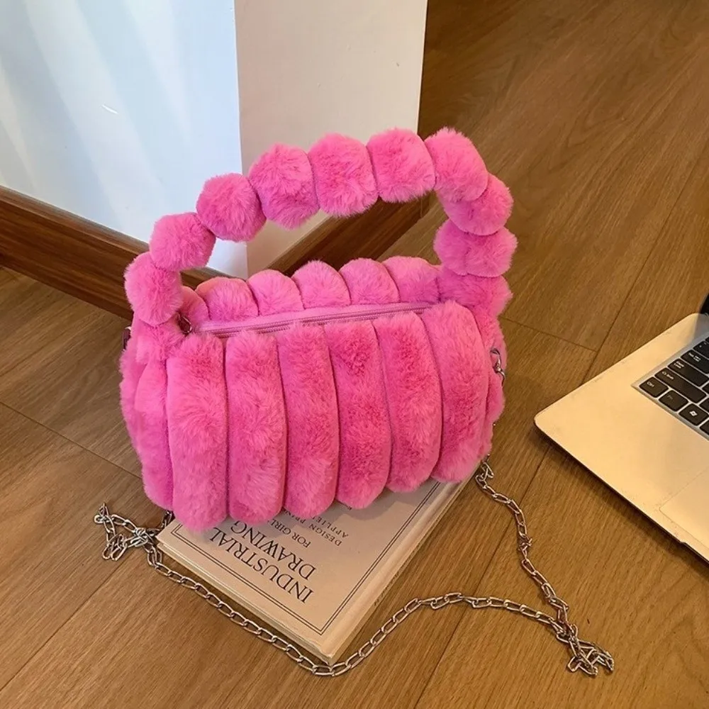 

Portable Furry Handbag Stripe Zipper Crossbody Bag Large Capacity Solid Color Chain Shoulder Bag Travel