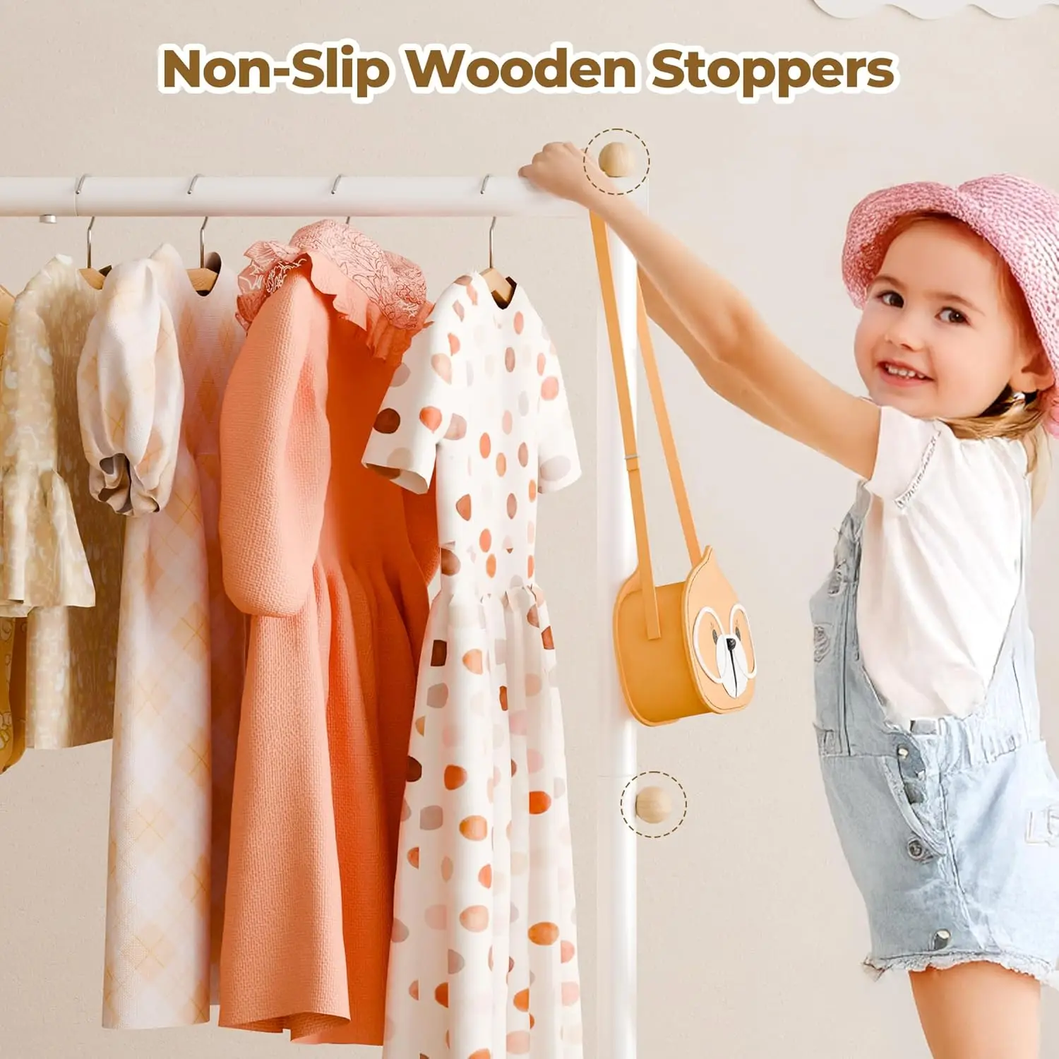 خزانة ملابس للأطفال مع سلة، رف ملابس للأطفال لملابس الأزياء والمعاطف باللون البيج