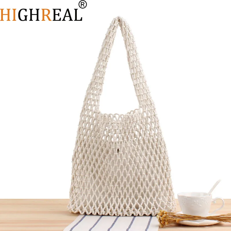 

Summer Beach Bag For Women Mesh Rope Knitted Bucket Shoulder Bags Reticulate Hollow Travel Daily Totes Cotton Thread Handbags