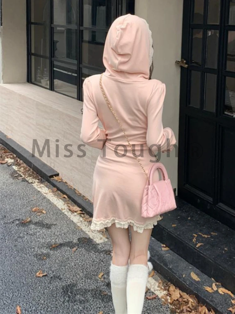 Japanese Sweet Pink Hooded Dresses Women Autumn New Lace Design A-line Mini Dress Aesthetic Fashion Slim Sexy Style Clothes 2024