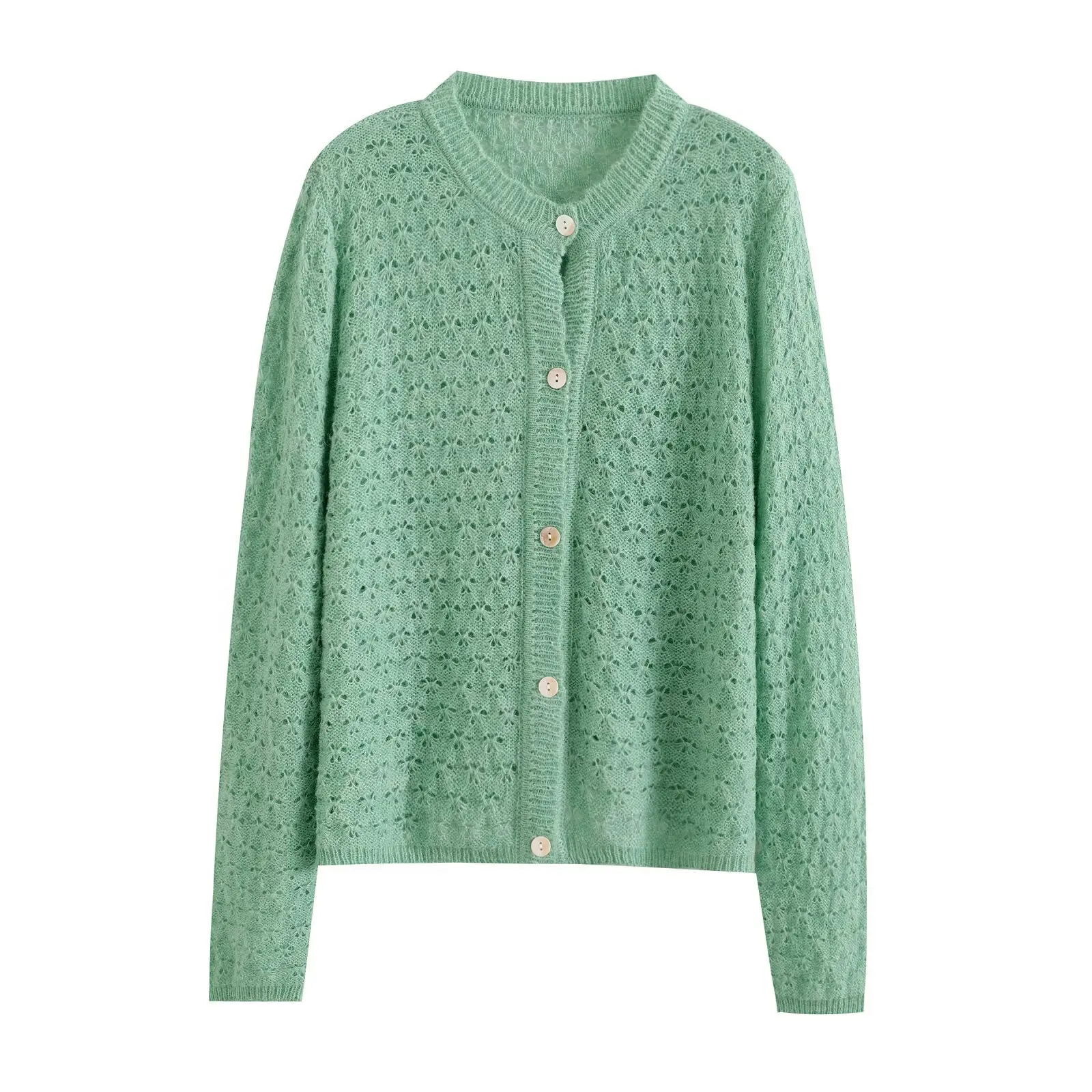 Feminino malha lã mistura em torno do pescoço aberto cardigan início do outono novo estilo outerwear camisola verde estilo coreano topo