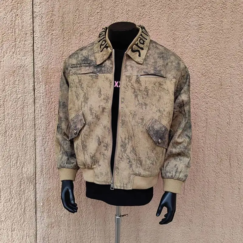 Trendy Men's Jacket Double Collar Lapel Design Vintage Personalized Letter Pattern Decoration Long Sleeve Male Coat CDFR6