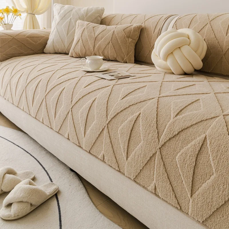 Thick Anti Slip Sofa Cover Cloth Solid Color Straight Row Sofa Cushion Soft and Sticky Texture Simple Autumn and Winter Washing