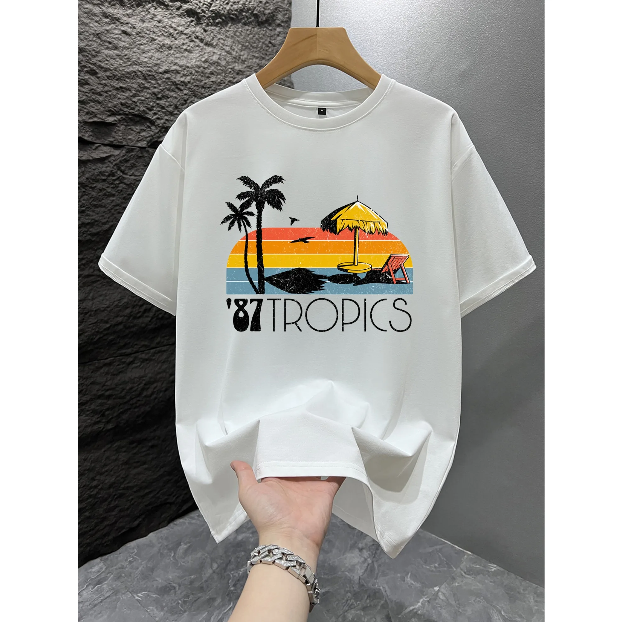 Tropics Retro Sunset Palm Tree Beach Graphic T-Shirt Men Women Casual Streetwear Short Sleeve Cotton Summer Vacation Tee Tops