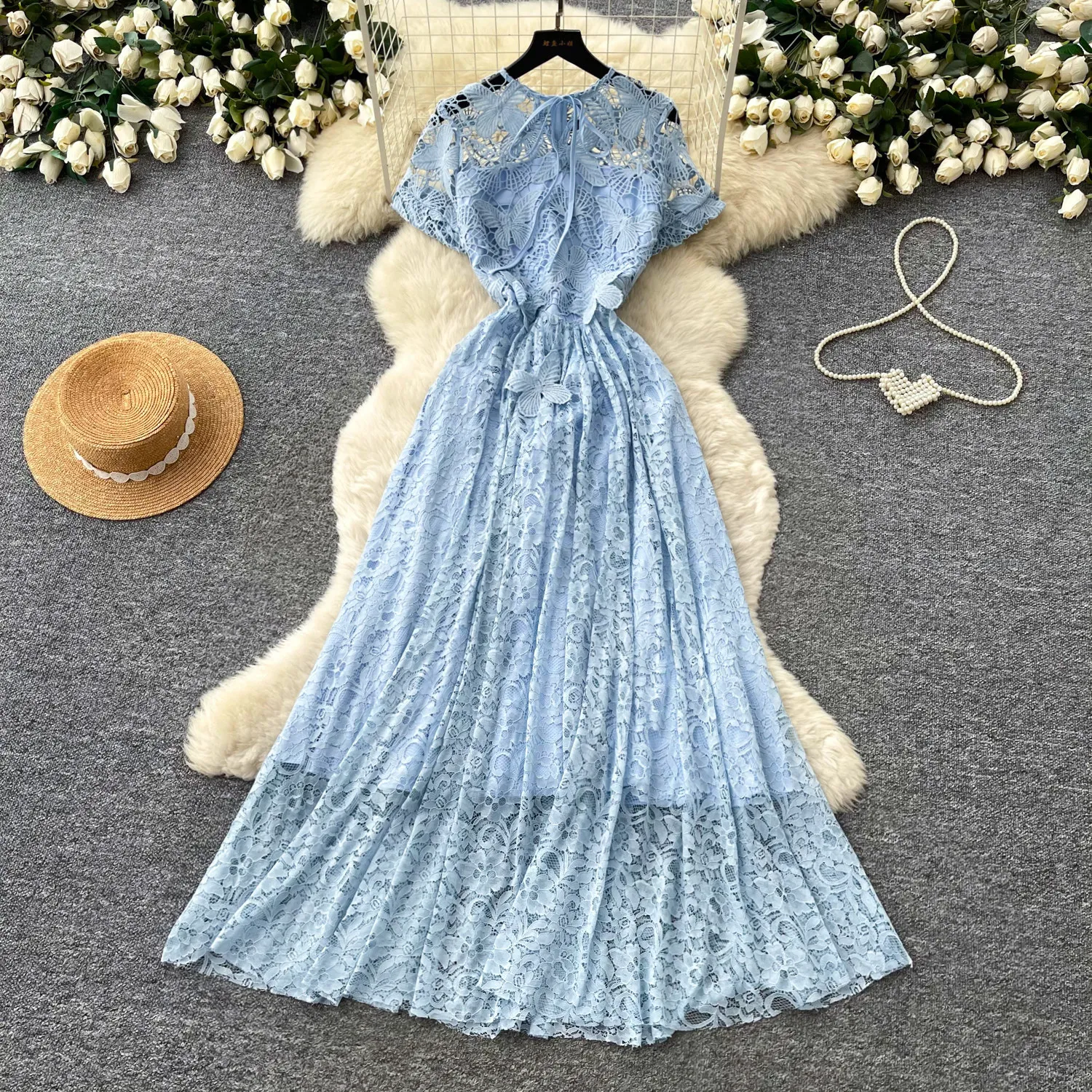 Spitzen-Maxikleid für Damen mit Kurzen Ärmeln, Hoher Taille und Bindegürtel, A-Linien-Urlaubskleid