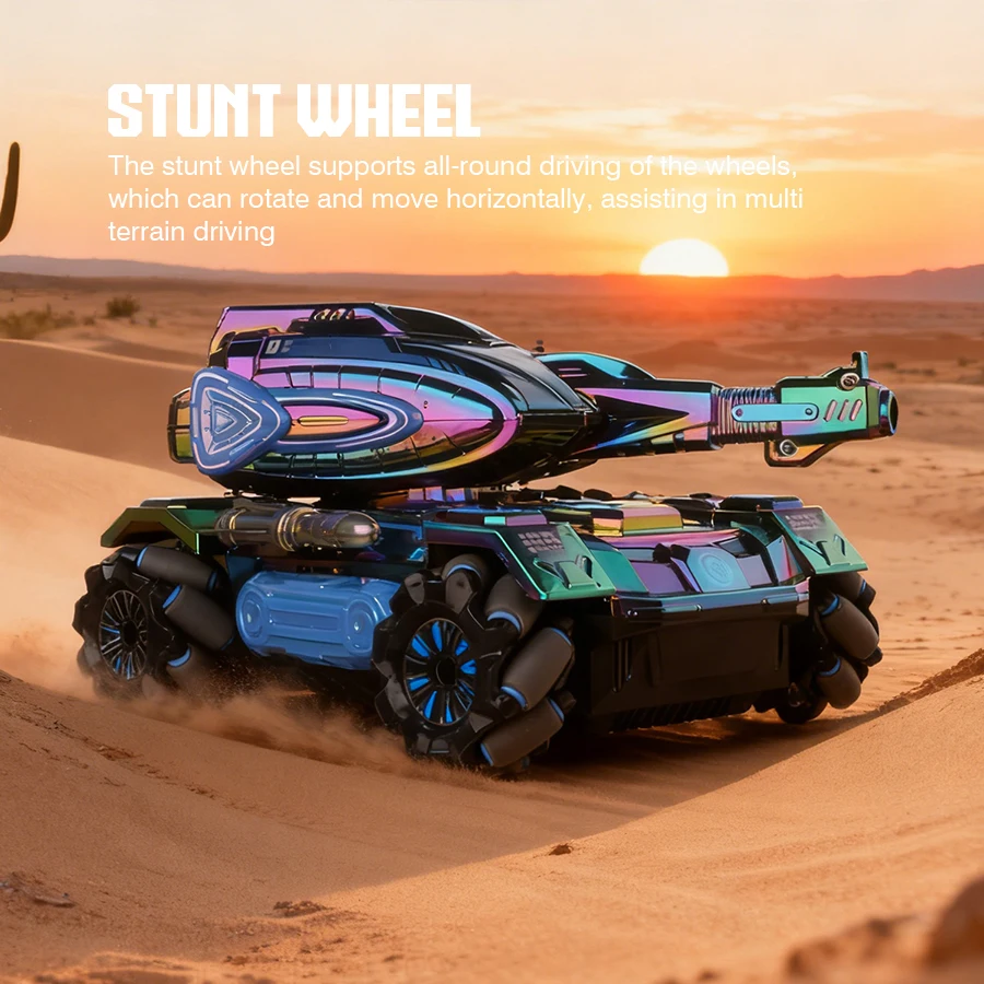 2,4 G 4WD RC Sci-Fi-Stunt-Tank – farbenfrohes LED-All-Terrain-Elektrospielzeug für Jungen mit Spray, Ton und simuliertem Start |   Geschenk