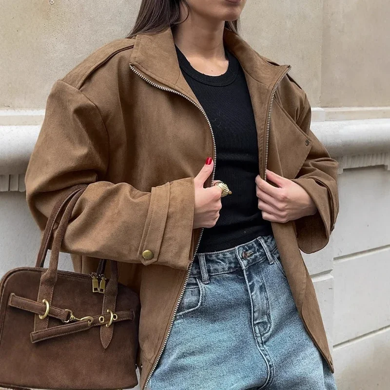 Fashion Zipper Short Jacket Women's Casual Lapel Collar Suede Full Sleeve Pocket Coat 2025 Lady Autumn Commuting Jackets