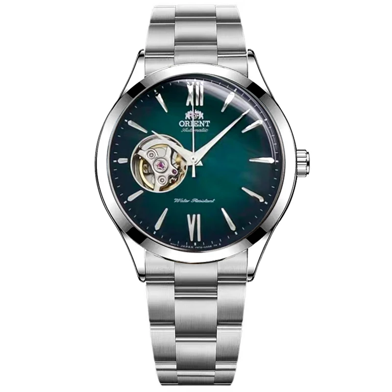 Orient heren automatisch open harthorloge blauwe wijzerplaat roestvrijstalen band vrijetijdskleding polshorloge 30M waterbestendig modehorloge