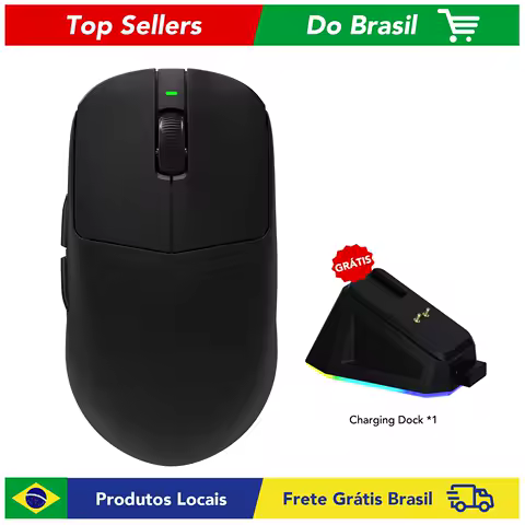 Mouse Gamer Sem Fio KYSONA Mercúrio SE Design ergonômico ultra-leve (40g), sensor PAW3311, 24000 DPI. 3 modos: com fio, sem fio, Bluetooth. Iluminação RGB, base de carregamento magnético. Ideal para PC, notebook, PS4/5