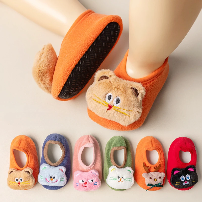 Cartoon Cat Children Slippers Winter Thick Warm Baby Shoes Non-slip Soled Soft Plush Toddler Kids Boy Girl Infant First Walkers